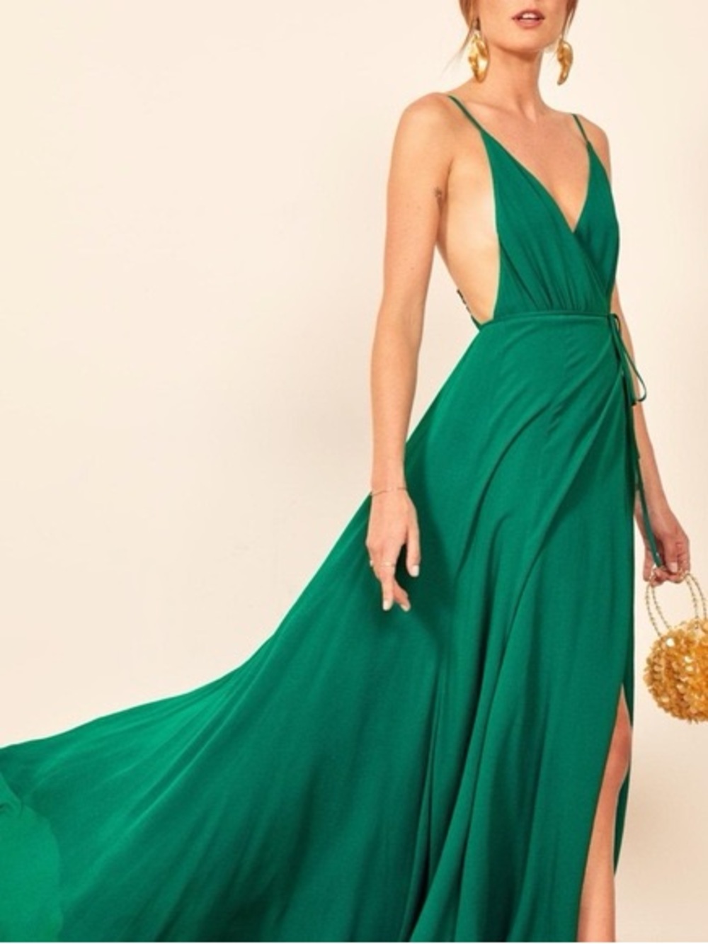 Reformation Callalily Emerald Green Plunging Wrap Maxi Dress